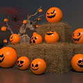 Spooky Halloween Decorations Featuring Pumpkin Lanterns On Hay Bales And Spider Web 3d model