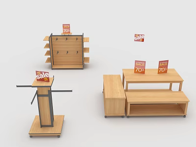 Wooden Retail Display Shelves With 50 70 Percent Sale Tags Multiple Styles 3d model