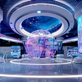 Starry Sky Exhibition Hall With Circular Ceiling Transparent Spherical Structure Colorful Lighting And Reflective Floor