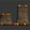 Burlap Sacks Filled With Fresh Red And Yellow Fruits Scattered Beside