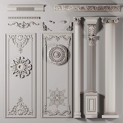 Exquisite Carvings On Classical Doors And Columns 3d model