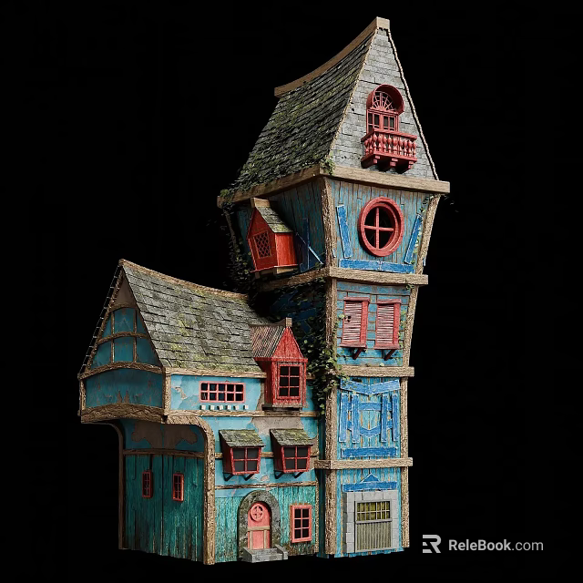European Style Architecture With Multi Story Structure Blue Walls Red Windows And Sloped Roofs 3d model 