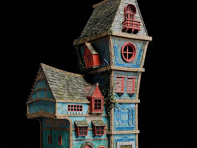 European Style Architecture With Multi Story Structure Blue Walls Red Windows And Sloped Roofs 3d model