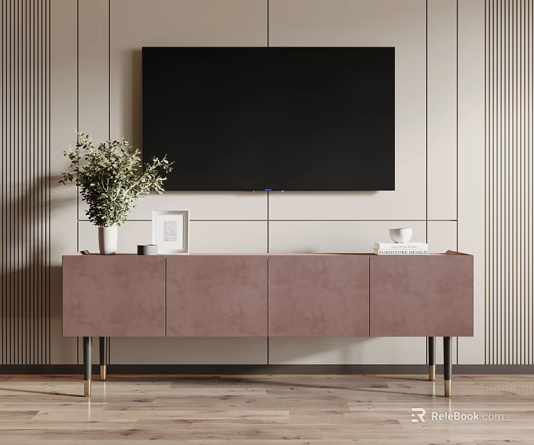 Modern Beige TV Stand With Metal Legs Green Plant Photo Frame Books On Striped Wall 3d model 