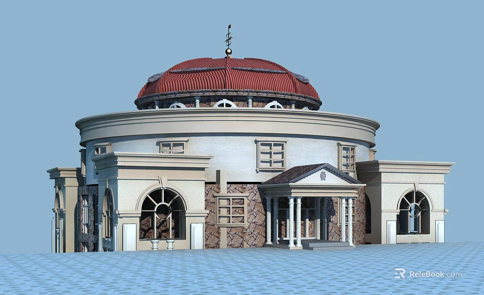 Classical European Style Architecture With Red Dome Arched Windows And Stone Facade 3d model 