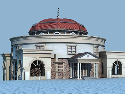 Classical European Style Architecture With Red Dome Arched Windows And Stone Facade 3d model