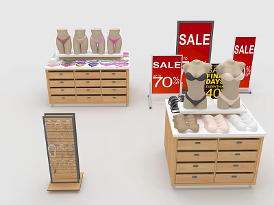 Retail Display Shelves With Wooden Drawers Underwear Mannequins Shoes And Sale Discount Signs 3d model