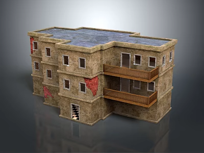 Cartoon Scene With Multi Story Building Damaged Walls Balconies And Flat Roof 3d model