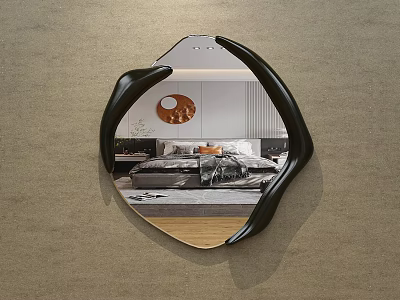 Black Irregular Frame Mirror Reflecting Bedroom With Bed Round Decor Wooden Floor 3d model