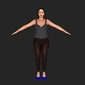 Woman Wearing Gray Tank Top Brown Pants Blue High Heels With Arms Outstretched Black Background
