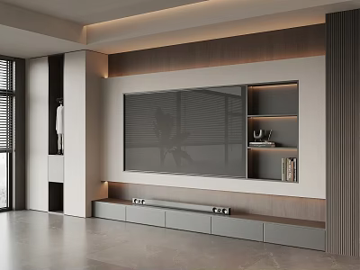 Modern TV Background Wall With Wooden Panel Built in Shelves And Ambient Lighting 3d model