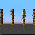 Decorative Yellow And Red Columns With White Dragons Coiled Around Standing On Gray Paved Ground
