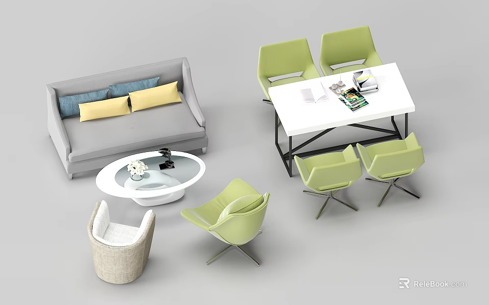 Modern Table And Chairs Set With White Top And Four Green Chairs 3d model
