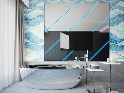 Modern Freestanding Bathtub In Bathroom With Blue Wave Wallpaper And Large Mirror Lighting 3d model