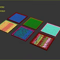 Six Red Square Furniture Cushions With Different Patterns On Dark Background