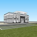 Modern Office Building Featuring White Facade Large Glass Windows Green Lawn And Parked Cars