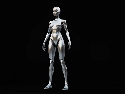 Silver Metallic Humanoid Robot Female Game Movie Character With Sleek Surface Mechanical Joints Black Background 3d model
