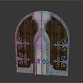 Antique Arched Double Door With Wooden Panels And Ornate Metal Decorations