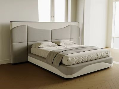 Modern Double Bed With Gray Upholstered Headboard Light Bedding And Wooden Floor In Bright Room 3d model