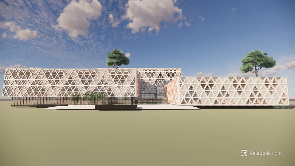 Modern Library Building With Geometric Patterned Facade And Surrounding Trees 3d model