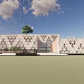 Modern Library Building With Geometric Patterned Facade And Surrounding Trees 3d model