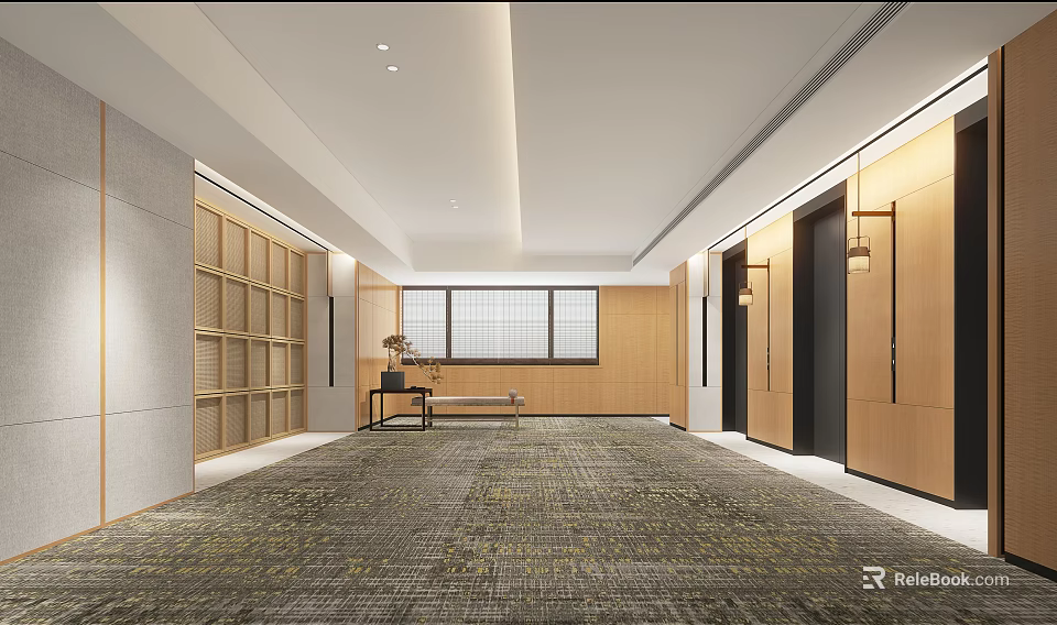 Modern Elevator Hallway Interior With Wooden Walls Carpet Bench And Storage Cabinets 3d model 
