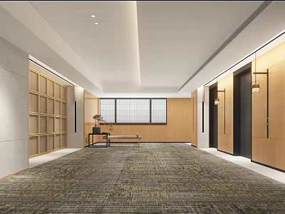 Modern Elevator Hallway Interior With Wooden Walls Carpet Bench And Storage Cabinets 3d model