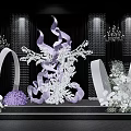 Elegant Stage Decor With White Floral Arrangements Purple Accents Grid Background Chandeliers And Lighting