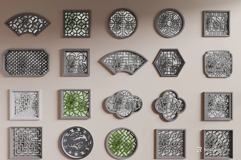 Traditional Carved Lattice Windows with Various Shapes and Intricate Decorative Patterns 3d model 