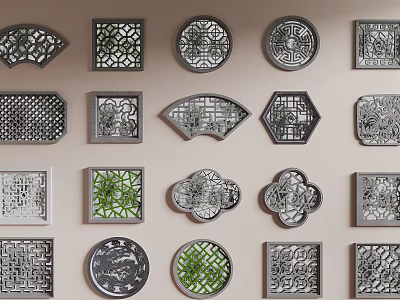 Traditional Carved Lattice Windows with Various Shapes and Intricate Decorative Patterns 3d model