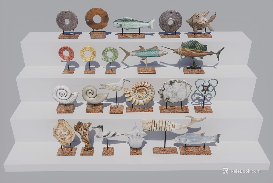 Assorted Decorative Ornament Set Featuring Circular Fish Shell Spiral Shapes On Display Stands 3d model