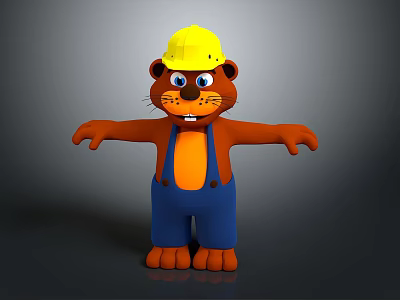 Cartoon Beaver Character In Yellow Hard Hat Blue Overalls And Orange Belly With Arms Outstretched 3d model