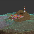 Red And White Lighthouse On Rocky Island With Colorful Buildings And Bridge Over Blue Water