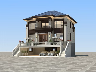 Two Story Detached Villa With Blue Roof White Exterior Porch Garage And Stone Pavement 3d model