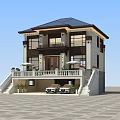 Two Story Detached Villa With Blue Roof White Exterior Porch Garage And Stone Pavement
