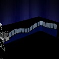 Modern Stage Design With Blue Backdrop Wavy White Strips Metal Frames And Reflective Floor
