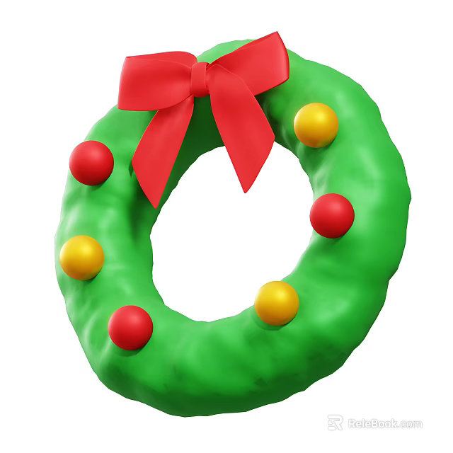 Decorative Ornament Set with Green Wreath Red Bow and Red Yellow Balls for Holiday Decor 3d model 
