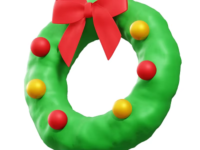 Decorative Ornament Set with Green Wreath Red Bow and Red Yellow Balls for Holiday Decor 3d model
