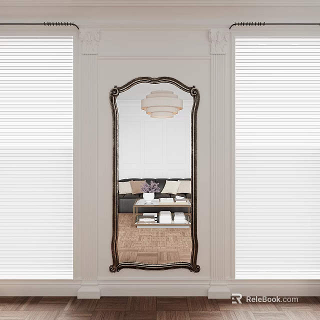 Ornate Full Length Mirror Reflects Living Room Decor 3d model 