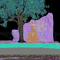 Buddha Sculpture in Sitting Posture with Stone Cave Background and Tree Elements