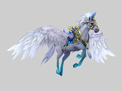 Mythical Winged Unicorn with White Wings Blue Decorations and Golden Details in Flight 3d model