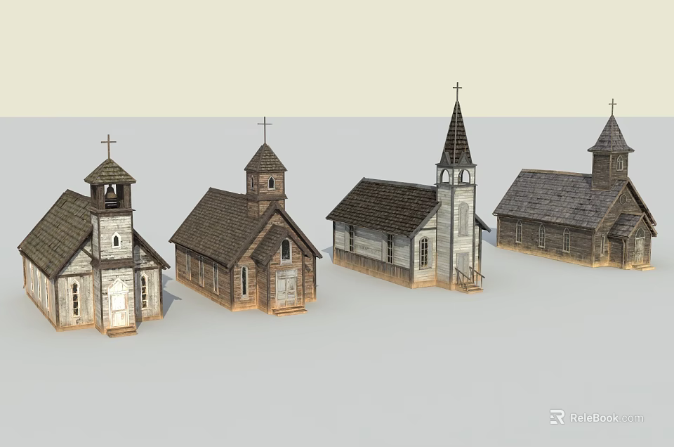 Antique European Style Wooden Church Buildings With Spires And Crosses 3d model 
