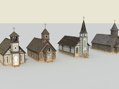 Antique European Style Wooden Church Buildings With Spires And Crosses 3d model