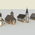 Antique European Style Wooden Church Buildings With Spires And Crosses