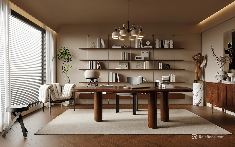 Modern Home Office Interior With Large Window Blinds Wooden Desk Bookshelves And Chandelier 3d model 