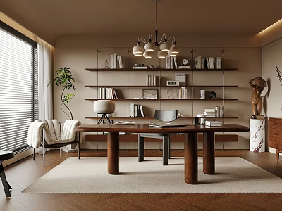 Modern Home Office Interior With Large Window Blinds Wooden Desk Bookshelves And Chandelier 3d model