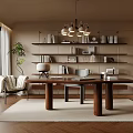 Modern Home Office Interior With Large Window Blinds Wooden Desk Bookshelves And Chandelier