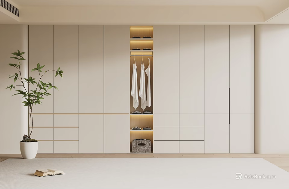 Modern Light Colored Wardrobe With Illuminated Open Compartment Hanging Clothes And Drawers 3d model 
