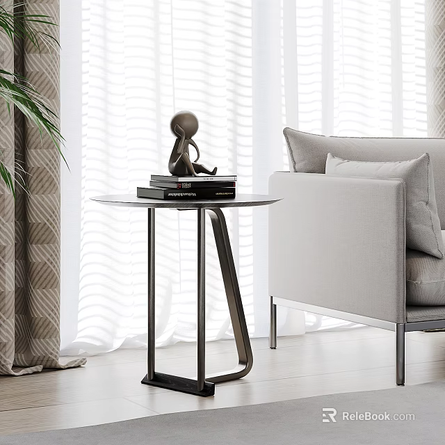 Modern Living Room Side Table With Round Top Black Frame And Books Near Sofa 3d model 