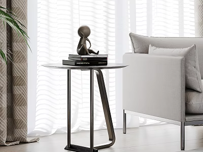 Modern Living Room Side Table With Round Top Black Frame And Books Near Sofa 3d model